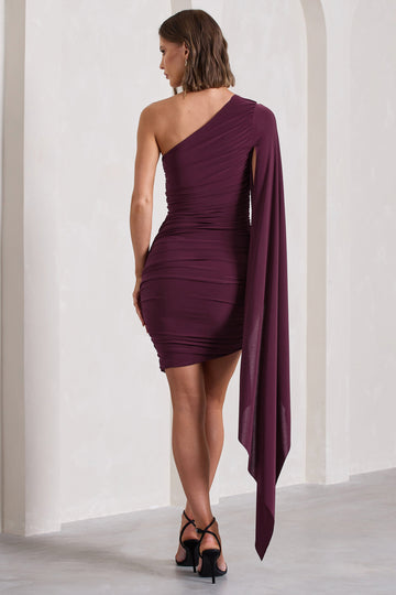 Palmer Burgundy Ruched One-Shoulder Asymmetric Mini Dress With Cape Sleeve